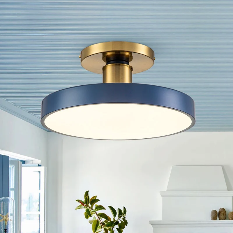 LED Plafondlamp Rond Blauw Messing 40cm 24W Dimbaar 5 Kleurtemperaturen Slaapkamer Keuken Woonkamer Entree Coastal Semi Flush Mount | Sansoti
