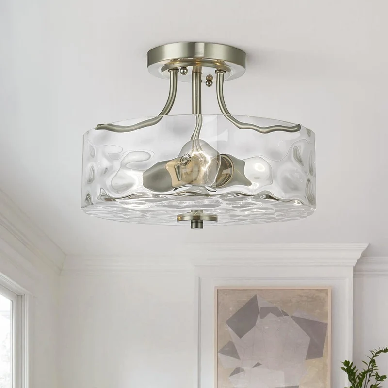 Glazen Plafondlamp Drum Nikkel 30cm 2 Lichts Gehamerd Glas Badkamer Entree Keuken Slaapkamer Semi Flush Mount Hal Woonkamer | Sansoti