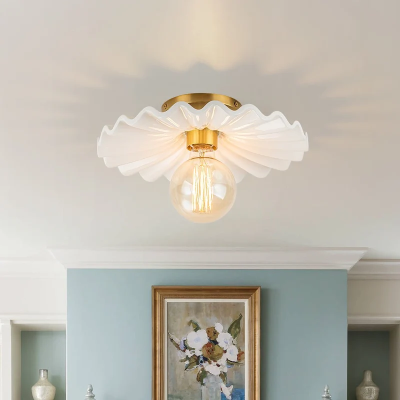 Keramieke Plafondlamp Messing Creme 30cm Semi Flush Mount Eetkamer Slaapkamer Retro Mid-Century Geplooid Badkamer Entree Woonkamer | Sansoti