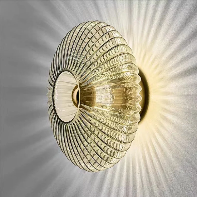 Wandlamp Geribbeld Glas Cognac Goud Messing Woonkamer Slaapkamer Hal Plafondlamp Schelp Retro Art Deco Wandverlichting | Sansoti