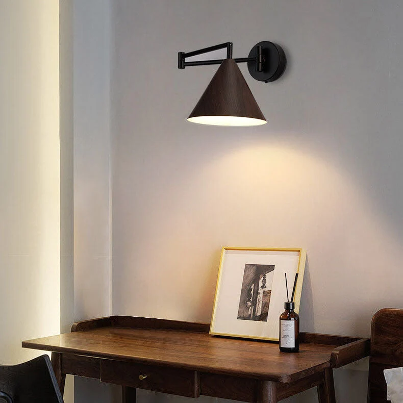 Wandlamp Zwenkarm IJzer Conische Kap Walnoot Houtkleur E26 18x14cm Slaapkamer Leeslamp | Sansoti