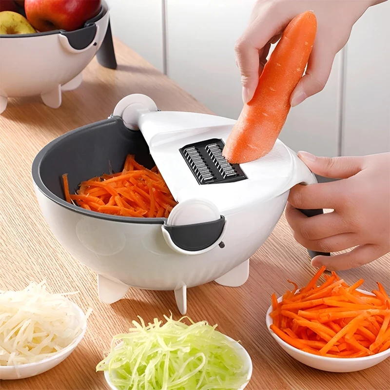 Groentesnijder Multifunctioneel met Vergiet - Rasp Schaaf Julienne Set - Keukensnijder - Inclusief Meerdere Messen - Wit Grijs | Sansoti