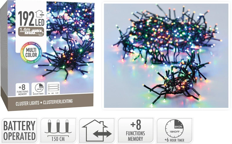 Clusterverlichting 192 Led - 1.4M - Multicolor - Batterij - Lichtfuncties - Geheugen - Timer