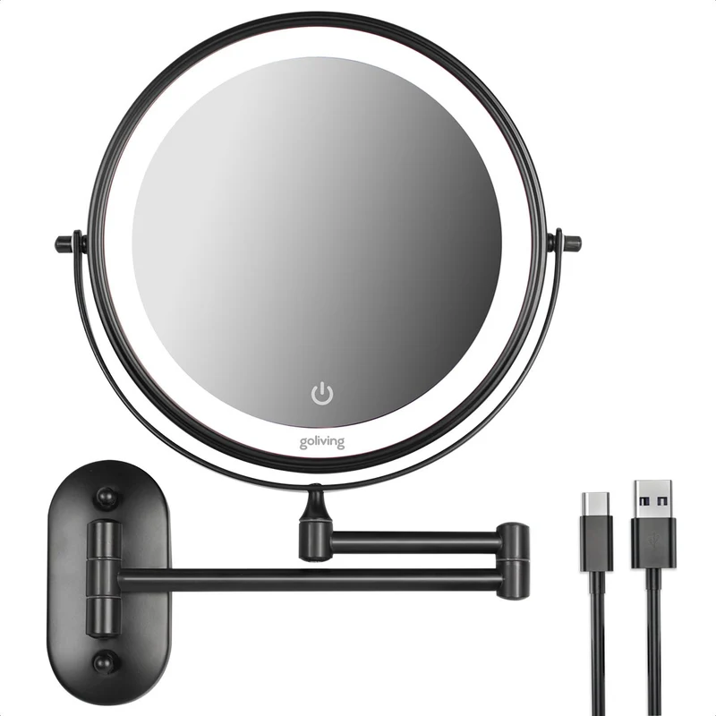Goliving Make Up Spiegel Met Verlichting - Ø25 cm - 10x Vergroting - Dimbare Make-upspiegel - Scheerspiegel - LED Verlichting - USB-C Oplaadbaar - Dubbelzijdig - 27 x 27 cm - Zwart