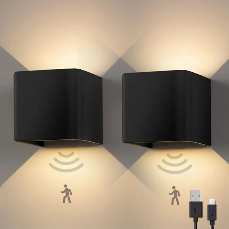 Goliving Wandlamp Op Accu – 2 Stuks – Bewegingssensor – Binnenlamp – Magnetische Plakstrip – Oplaadbaar - Draadloos – Accu/USB – 10W – Warm Wit Licht – Zwart