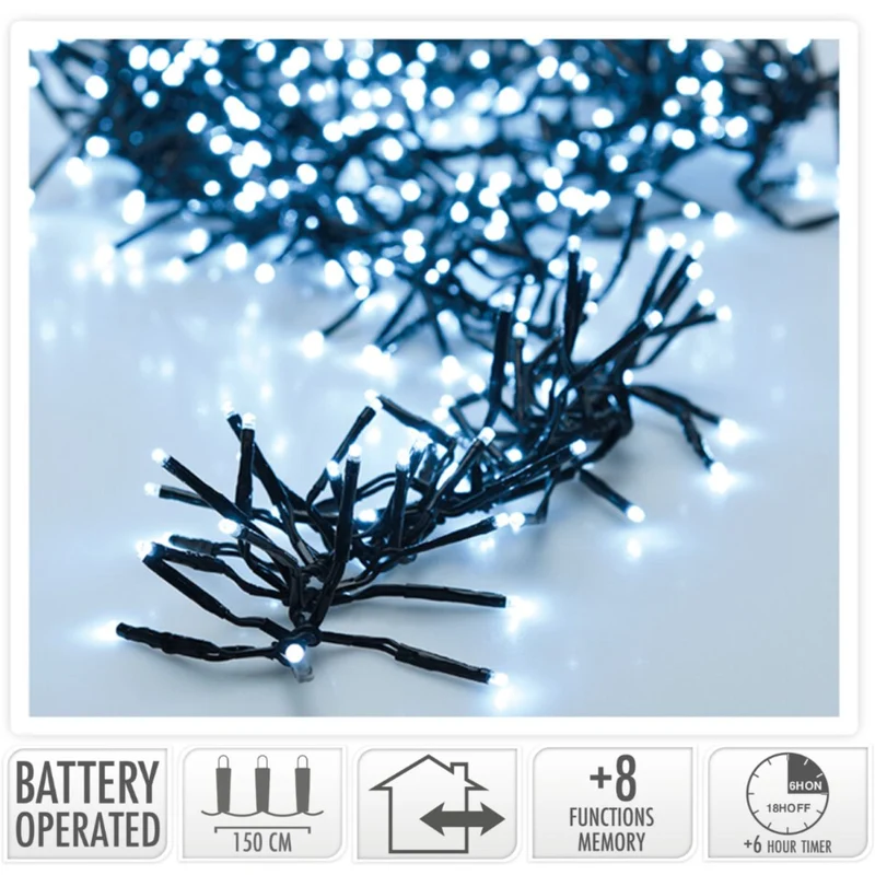 Clusterverlichting 192 Led - 1.4M - Wit - Batterij - Lichtfuncties - Geheugen - Timer