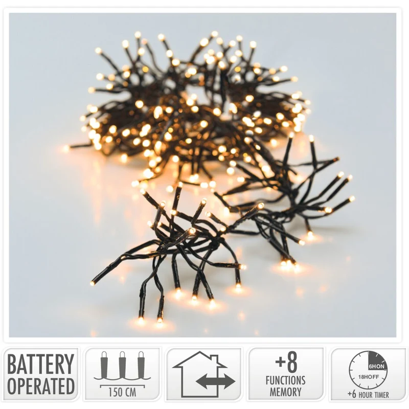 Clusterverlichting 192 Led - 1.4M - Extra Warm Wit - Batterij - Lichtfuncties - Geheugen - Timer