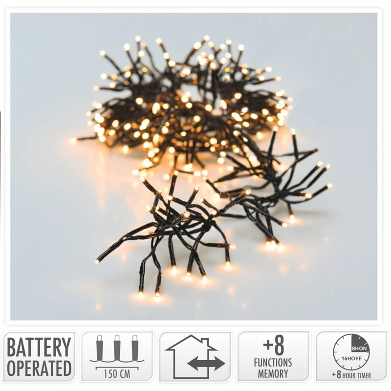 Clusterverlichting 192 Led - 1.4M - Warm Wit - Batterij - Lichtfuncties - Geheugen - Timer