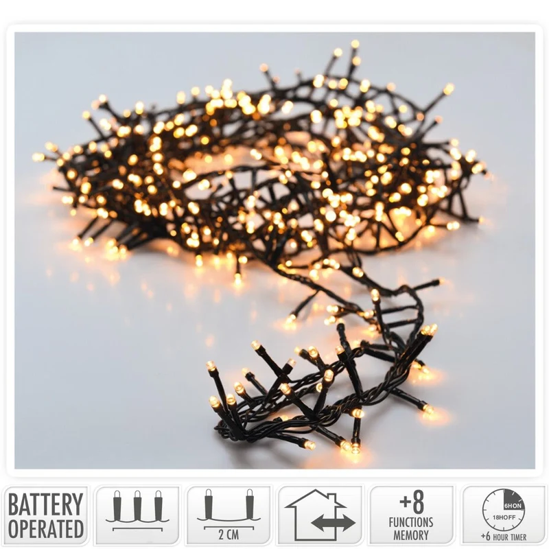 Micro Cluster 200 Led - 4M - Warm Wit - Batterij - Lichtfuncties - Geheugen - Timer