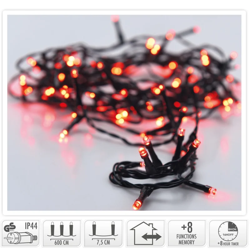 Kerstverlichting 80 Led- 6M - Rood - Timer - Lichtfuncties - Geheugen - Buiten
