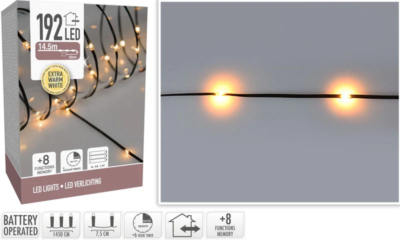 Led Verlichting 192 Led - Extra Warm Wit - Op Batterij - 8 Lichtfuncties - Timer - Soft Wire